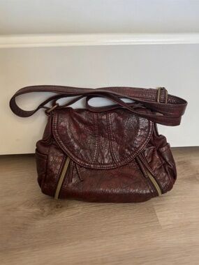 Maroon Faux Leather Crossbody Bag with Zip Pockets